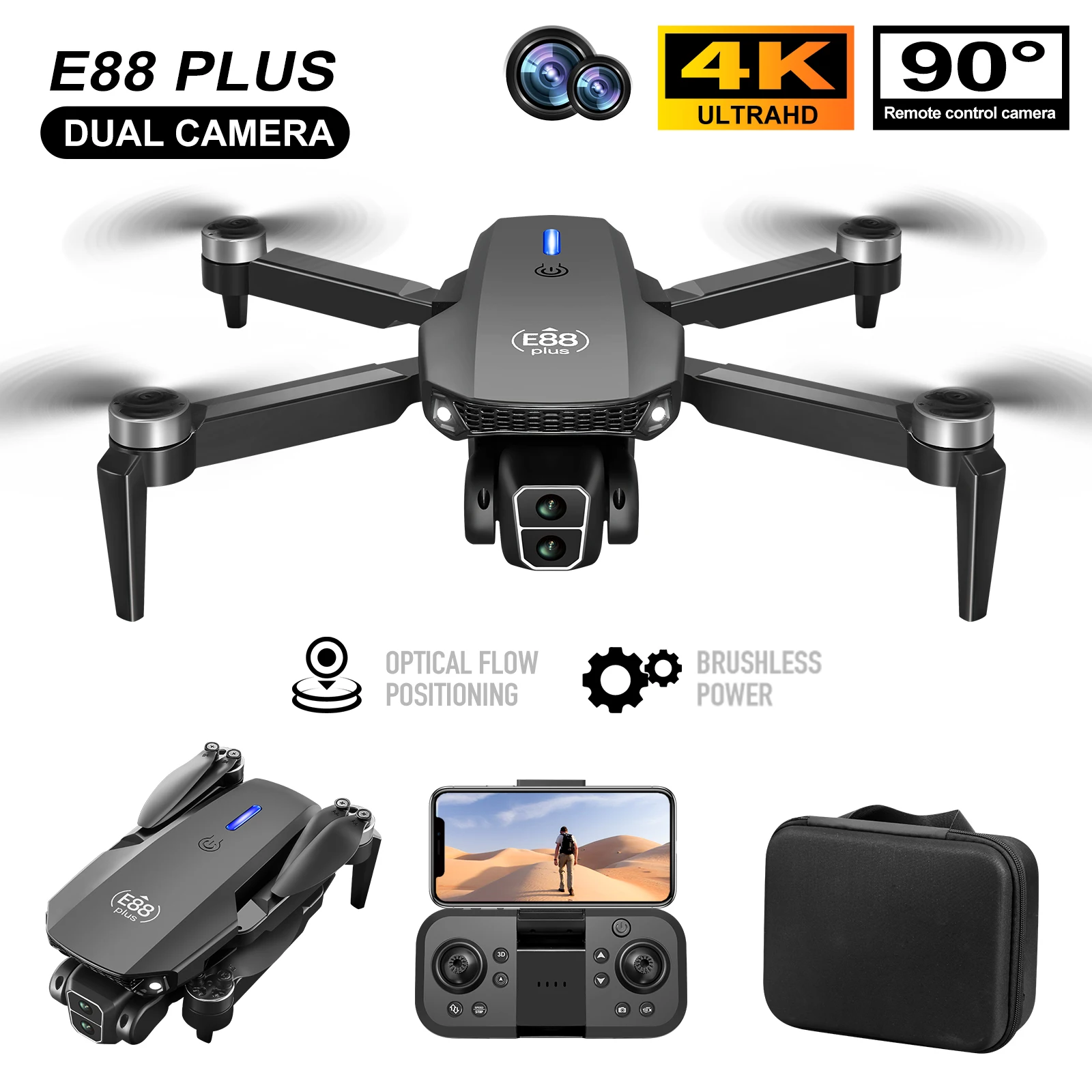 โดรนโดรน E88 Plus ใหม่: 90 °   - Drone Camera 4K บทวิจารณ์และราคา